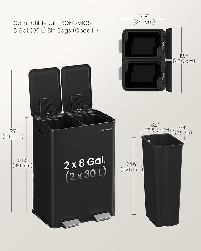 SONGMICS Trash Can, 2 x 8 Gallon Dual-Compartment Garbage Can