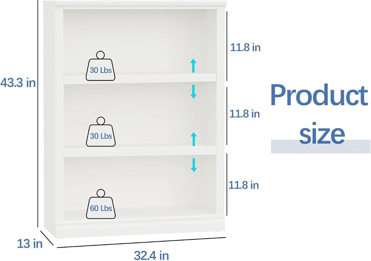 blini 3-Shelf Bookcase White Wooden Bookshelves 33in Wide Floor Standing Disp...
