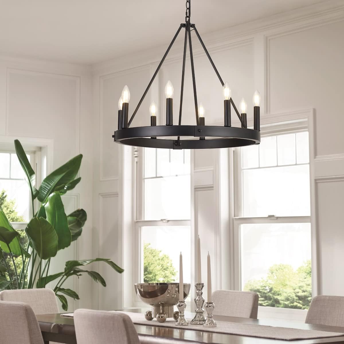 8 Lights Farmhouse Wagon Wheel Chandelier, Black, D24 Round