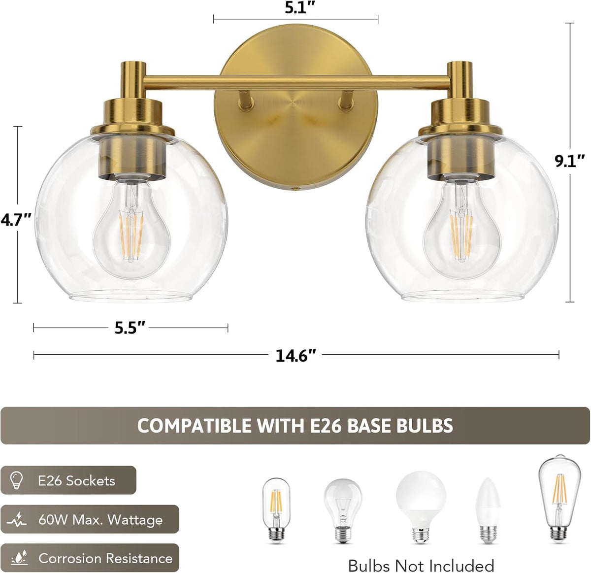 VONLUCE 2 Light Bathroom Vanity Light Fixtures, Gold Finish