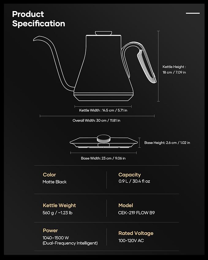 Cocinare FLOW B9 Gooseneck Electric Kettle, Precise Temperature Control