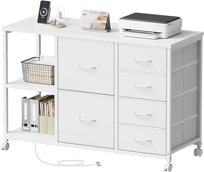 6 Drawer File Cabinet with Charging Station Rolling Printer Stand with Open