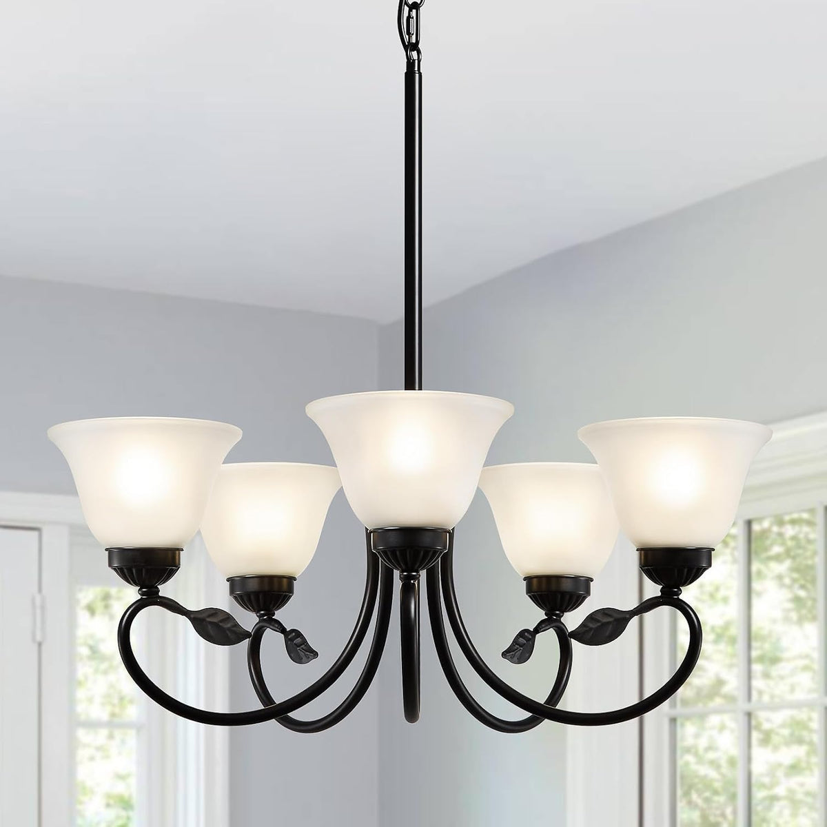 5-Light Black Chandelier, Farmhouse Dining Room Light Fixture with Opal Glass...