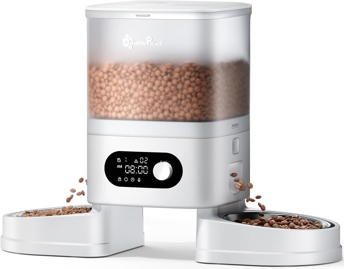 DownyPaws Automatic Cat Feeder 2 Cats, Rechargeable Timed Food Dispenser WH