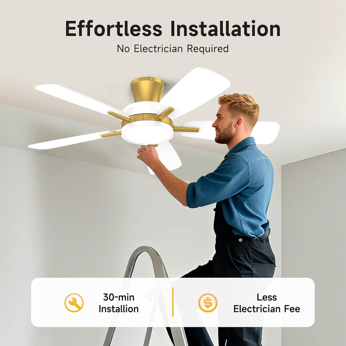 TALOYA 46 inch Ceiling Fans with Lights and Remote, Night Light, White Gold