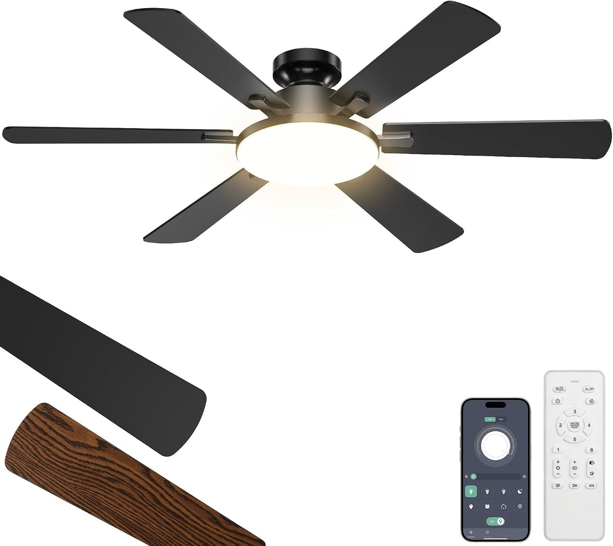 52'' Ceiling Fan with Light Remote/APP Control for Living Room