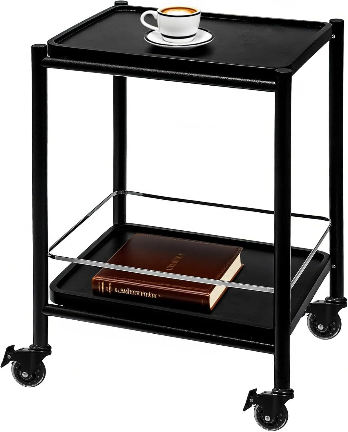 Acacia Wood Rolling Side Table, 2-Tier with Lockable Wheels & Removable T...