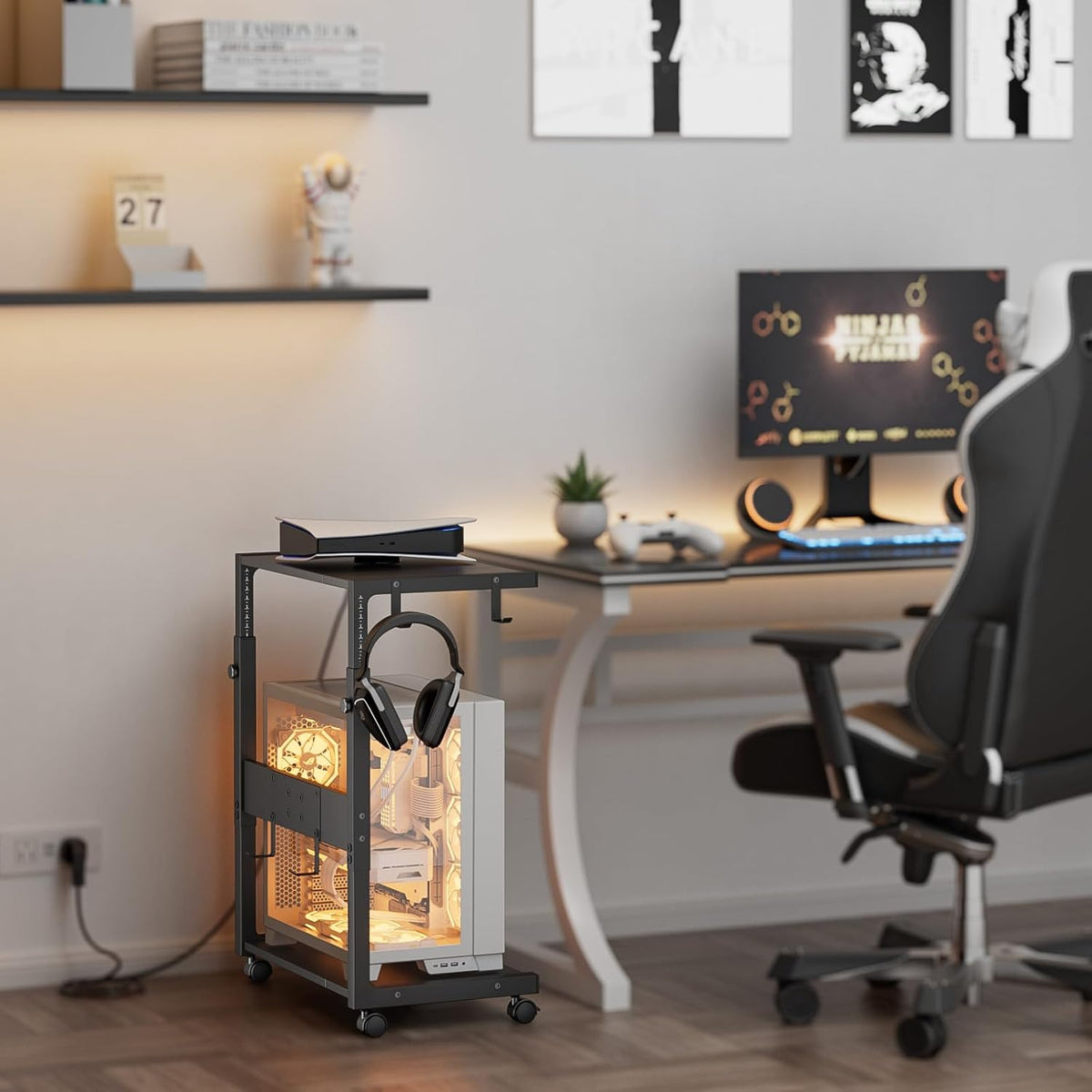 Computer Tower Stand with Power Outlet - 10-Level Height Adjustable