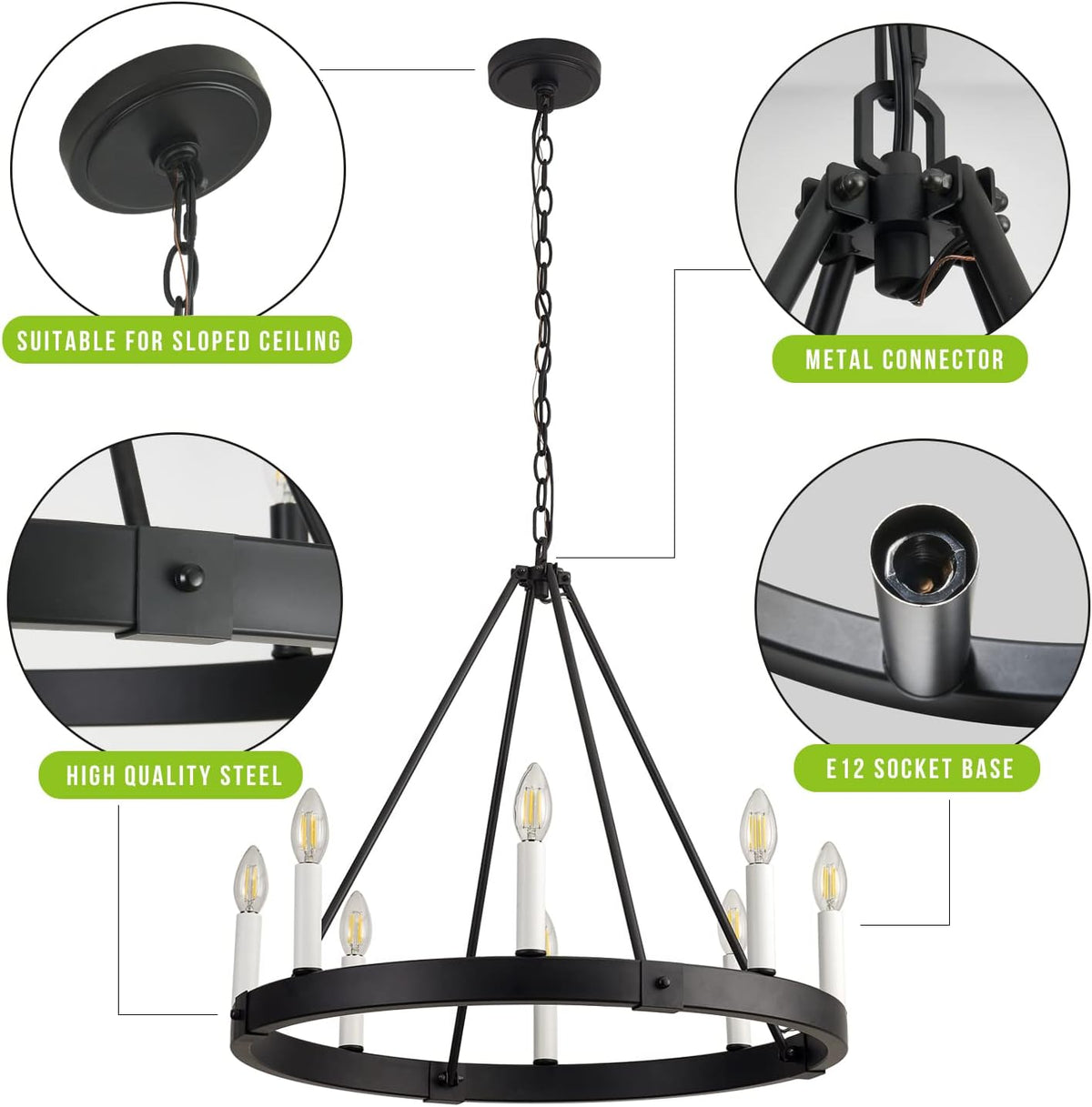 8 Lights Farmhouse Wagon Wheel Chandelier, Black, D24 Round