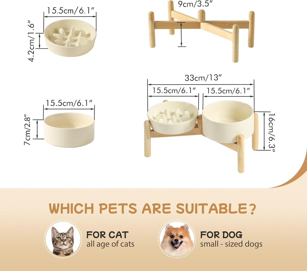 Ceramic 0.9 Cup Raised Slow Feeder Dog Bowl Set, Elevated 6.1inch Slow Dish and