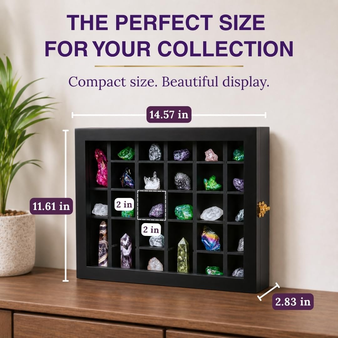 Premium Rock Display Case – Wooden Shadow Box with Shelves for Crystals, Seas...