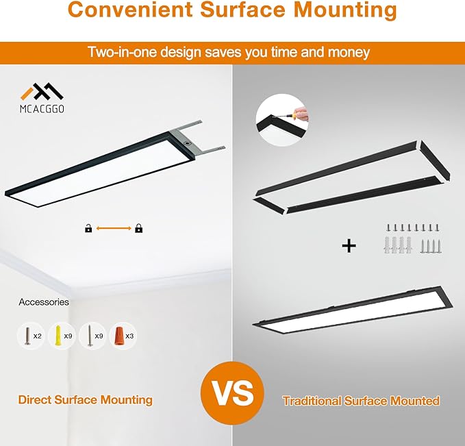 Mcacggo Black 1x4 LED Flat Panel Light Surface Mount, 5000K-4000K-3000K (2 Pack)