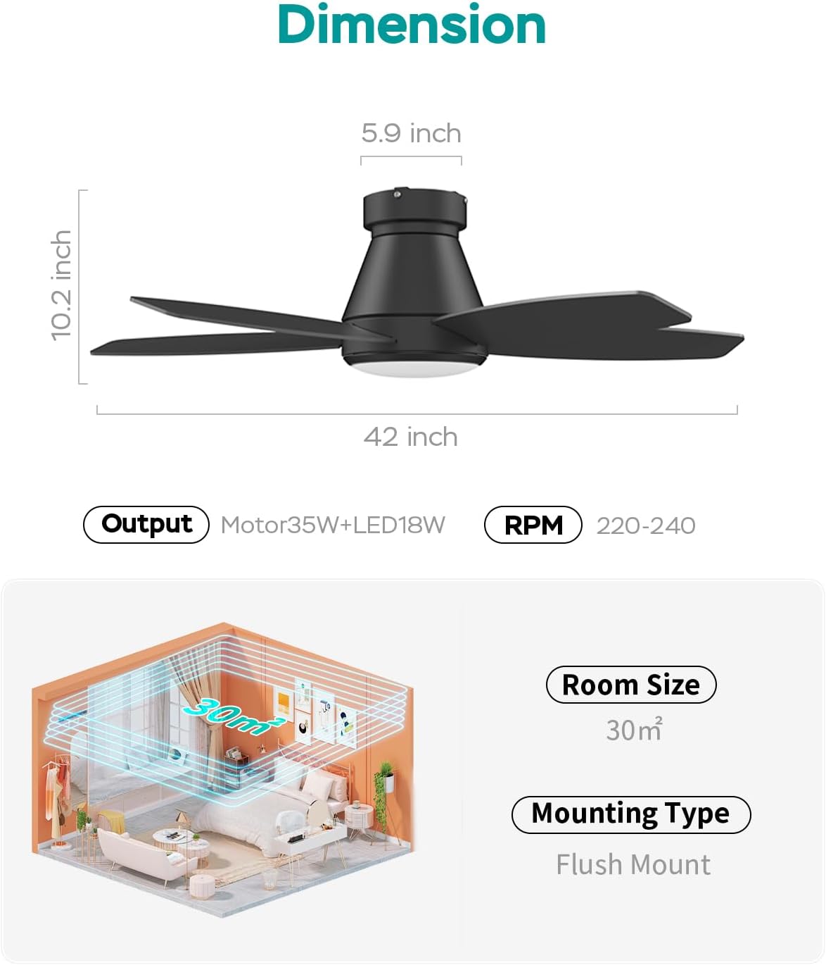 42 Inch Ceiling Fans with Lights, Quiet Reversible Fan with DC Motor, Remote ...