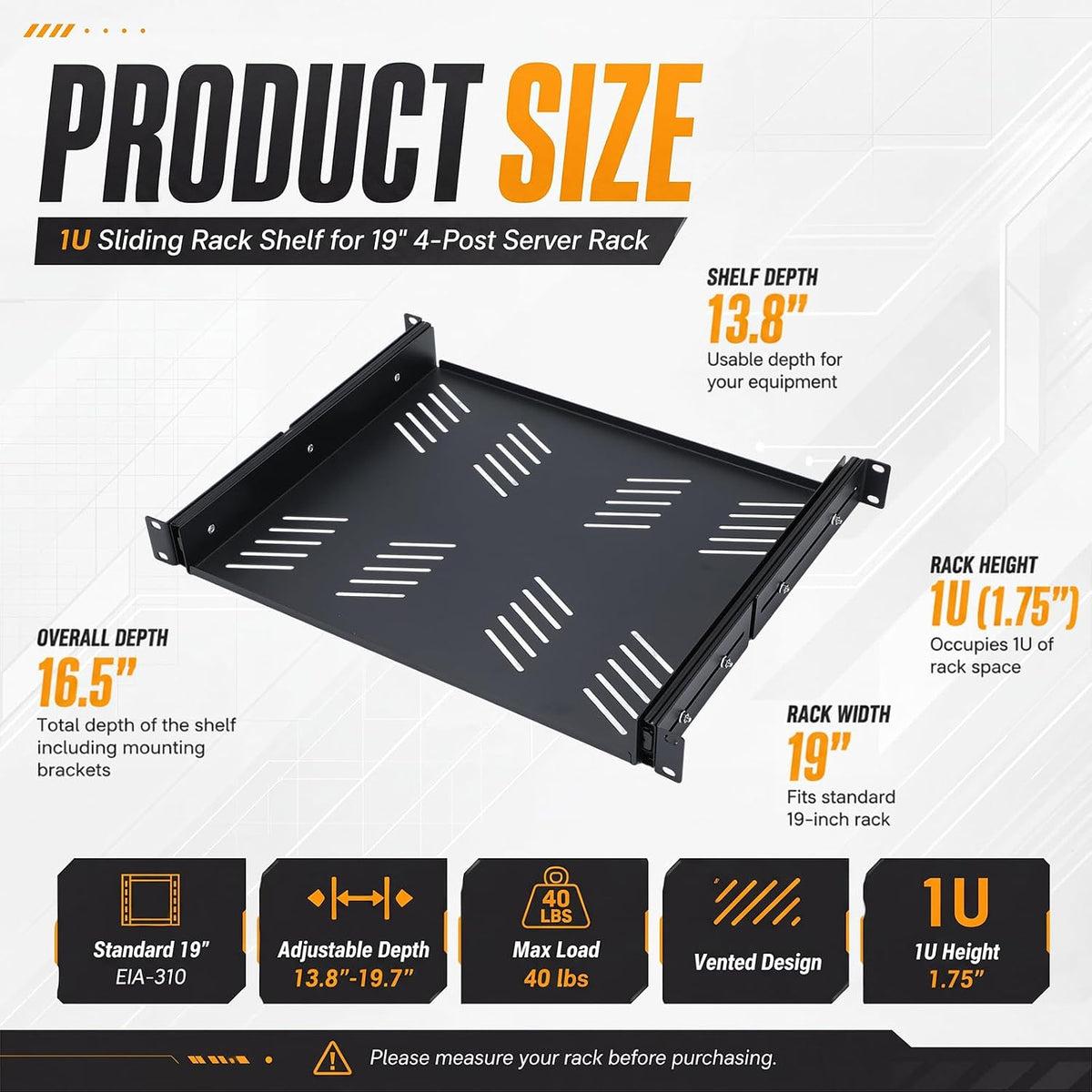 1 Pcs 1U Sliding Rack Shelf, Mounting 13.8-19.7 Inch Depth