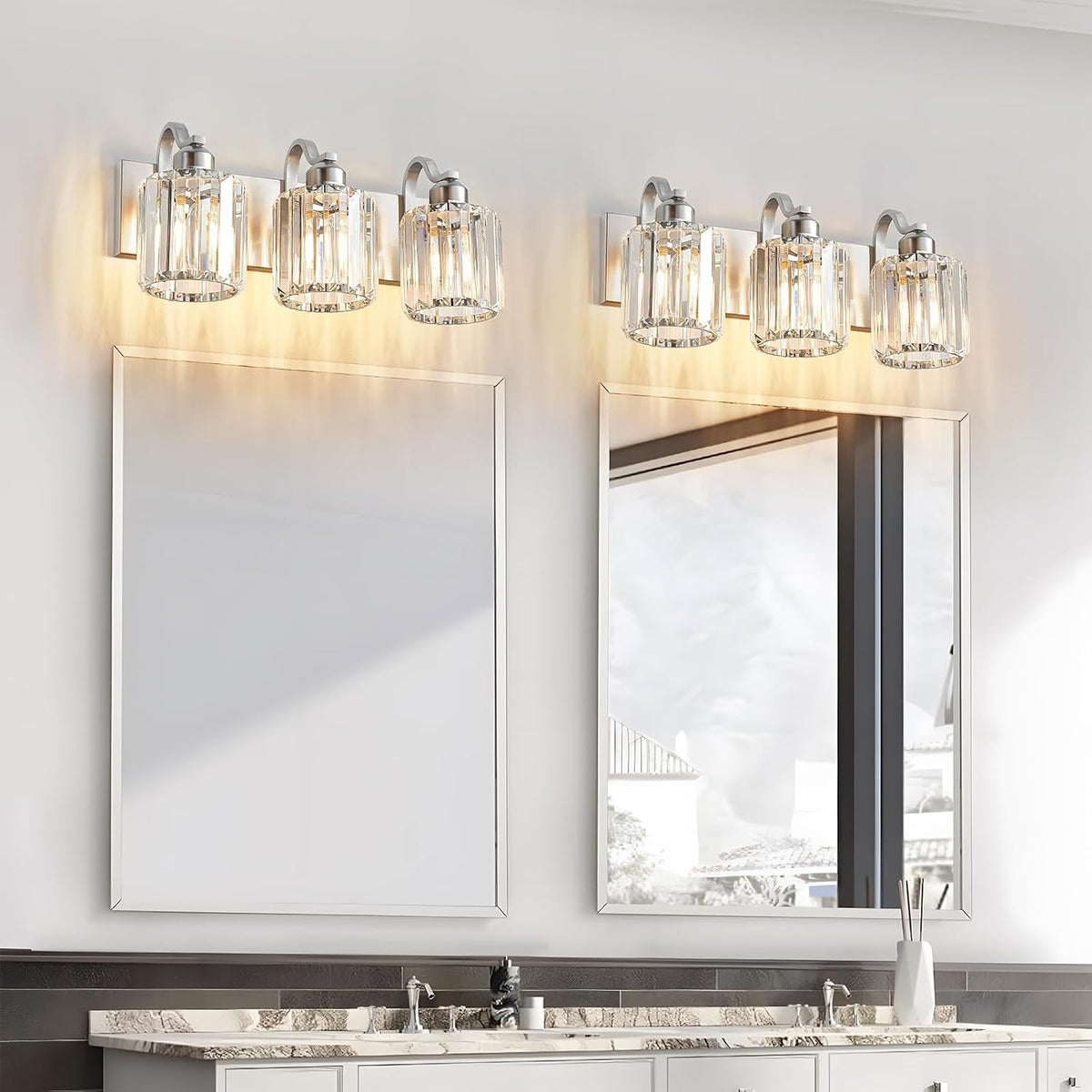 Modern Vanity Light 3-Lights Brushed Nickel Vanity Light Crystal Bathroom Wal...