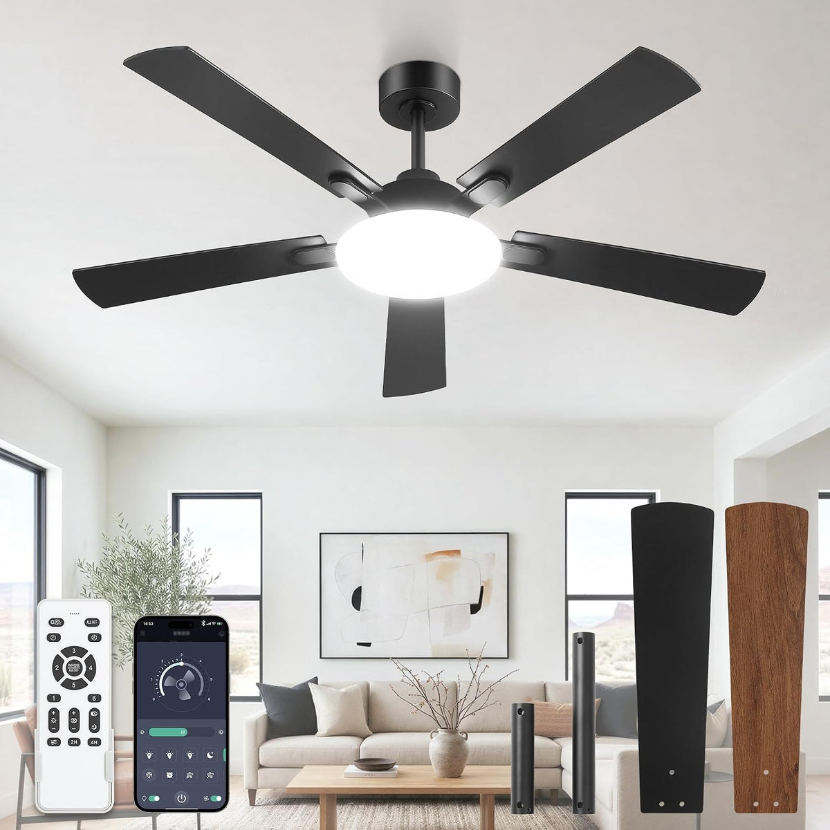LEDIARY 52 Inch Ceiling Fans with Lights DC Motor, Remote & APP Control
