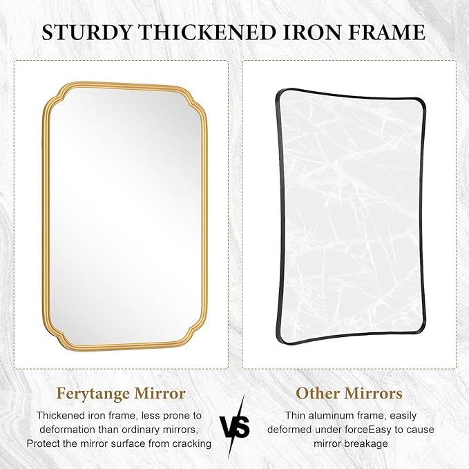 Gold Bathroom Vanity Mirror for Wall 24" x 36" Modern Rounded Recta...