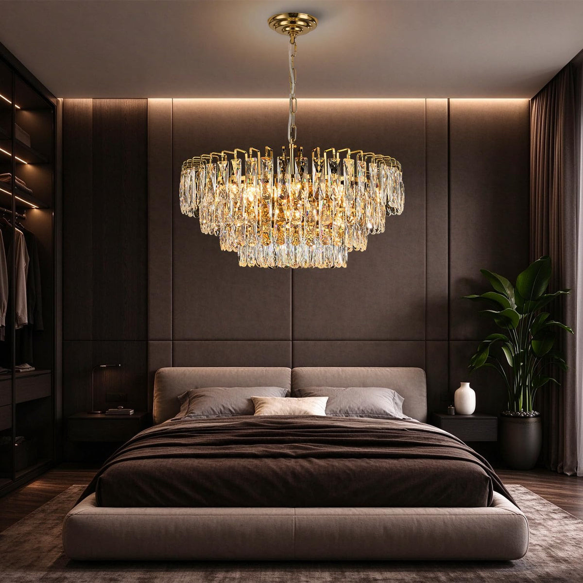 Gold Round Crystal Chandelier, 20 Inch 8-Light Raindrop Pendant Light
