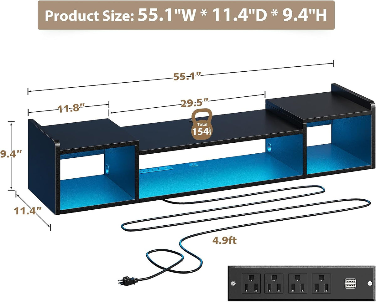 55.1" W Floating TV Stand with LED,Power Strip for 50/55/60/65" TV ...