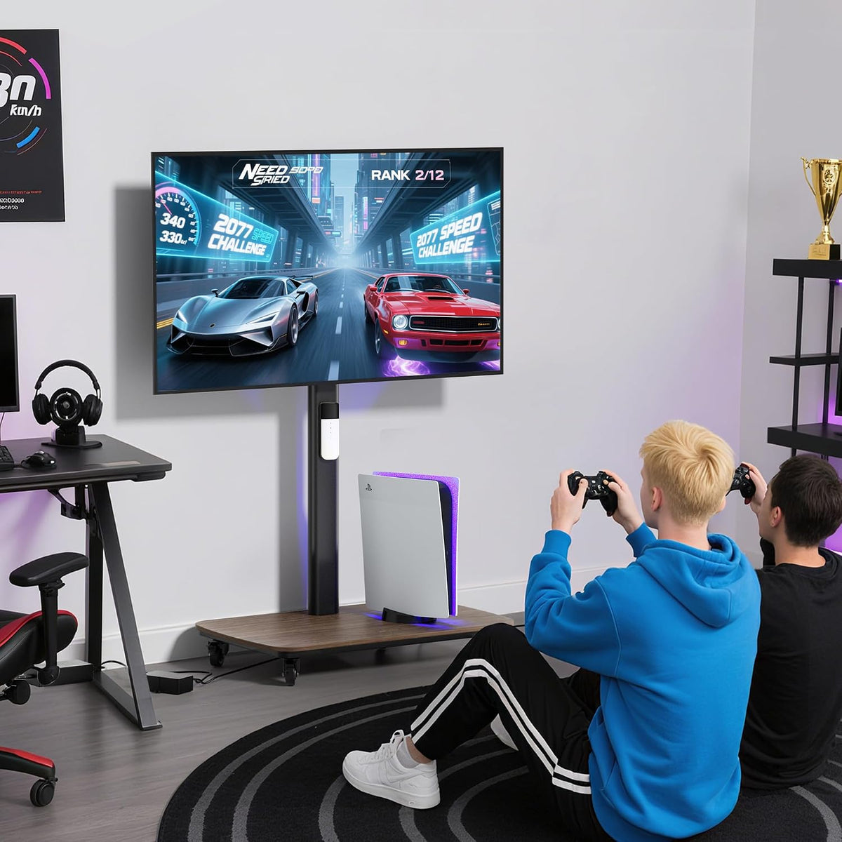 unho Motorized Floor TV Stand Electric Lift AV Cart Rolling with Mount