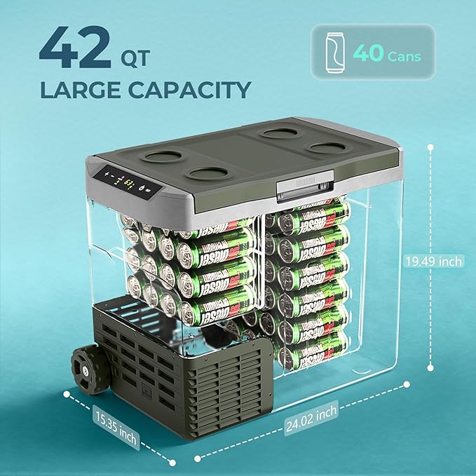12V Portable Refrigerator, 42 Quart Dual-Voltage 12V/24V DC Car Cooler