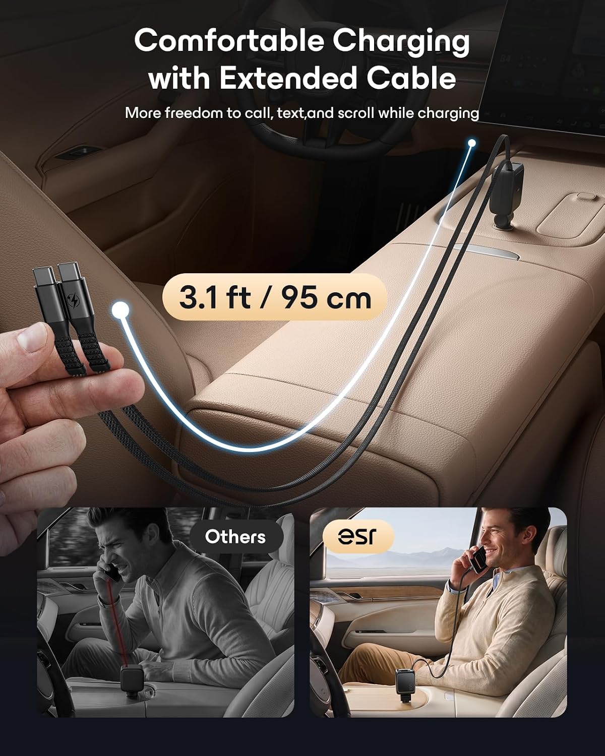 ESR Xtend 100W Retractable Car Charger with AVS, 3-in-1, USB-C & USB-A