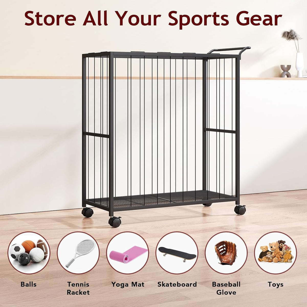 Ball Storage Bin Rolling Sports Ball Cart, Black