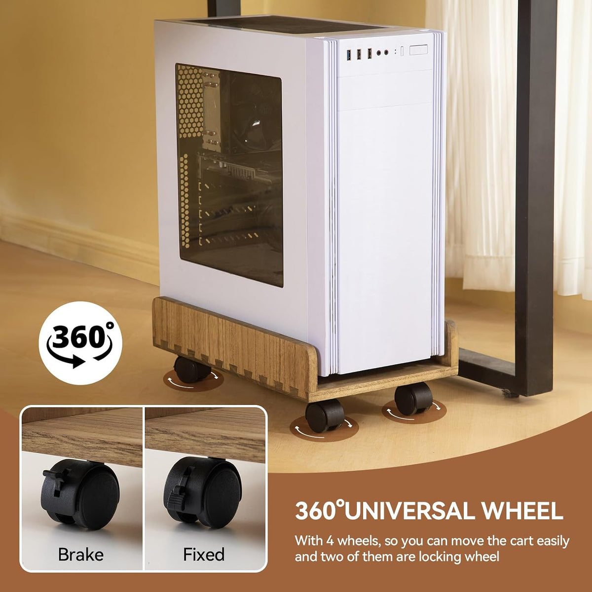 KIRIGEN Wood Computer Tower Stand with Wheels, Rolling PC Cart, Brown