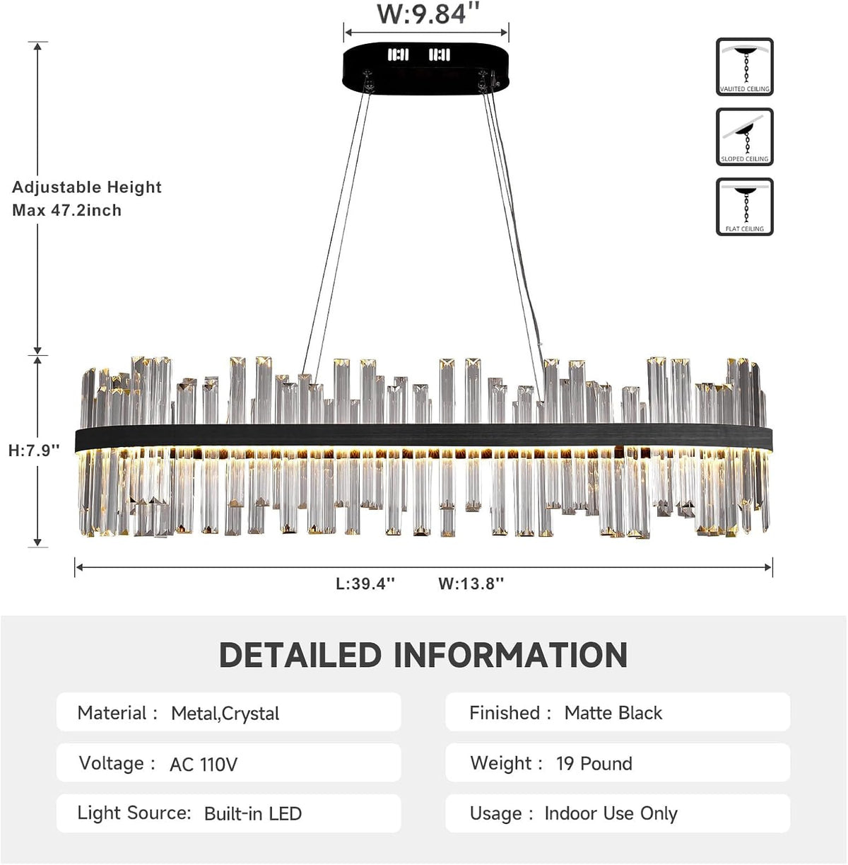 Black Led Modern Crystal Chandelier,Rectangle Chandeliers for Dining Room