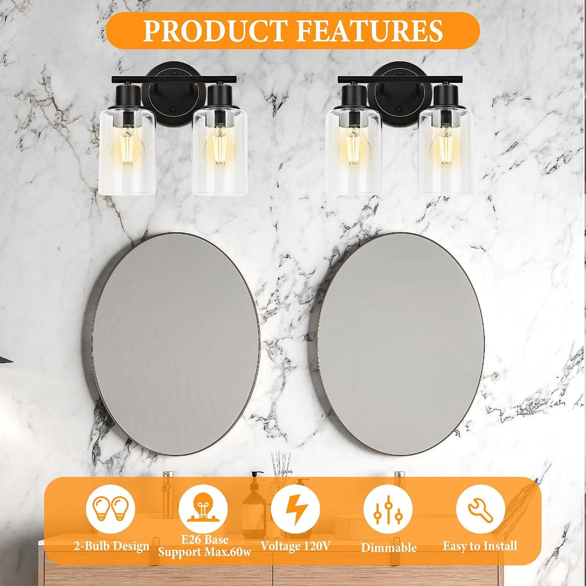 2-light Oil Rubbed Bronze Bathroom Light Fixtures for Vanity Mirror Sink