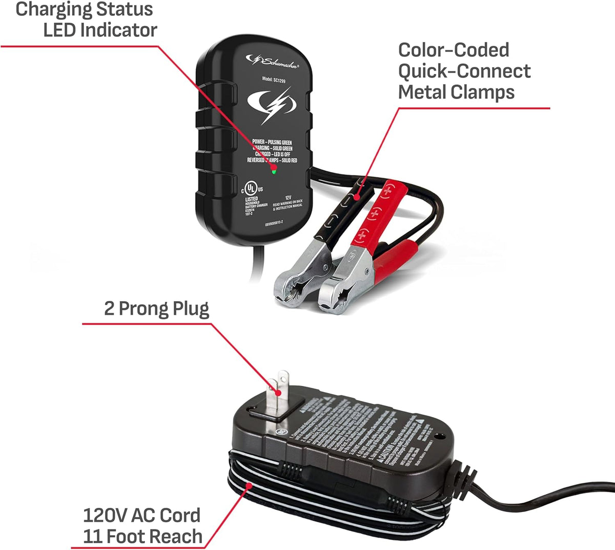 Schumacher Electric 0.8A Car Battery Charger & Maintainer, 12V – SC1299