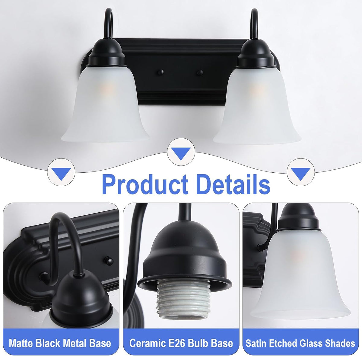 2-Light Bathroom Vanity Light, Black Wall Light with Frosted Glass Shades