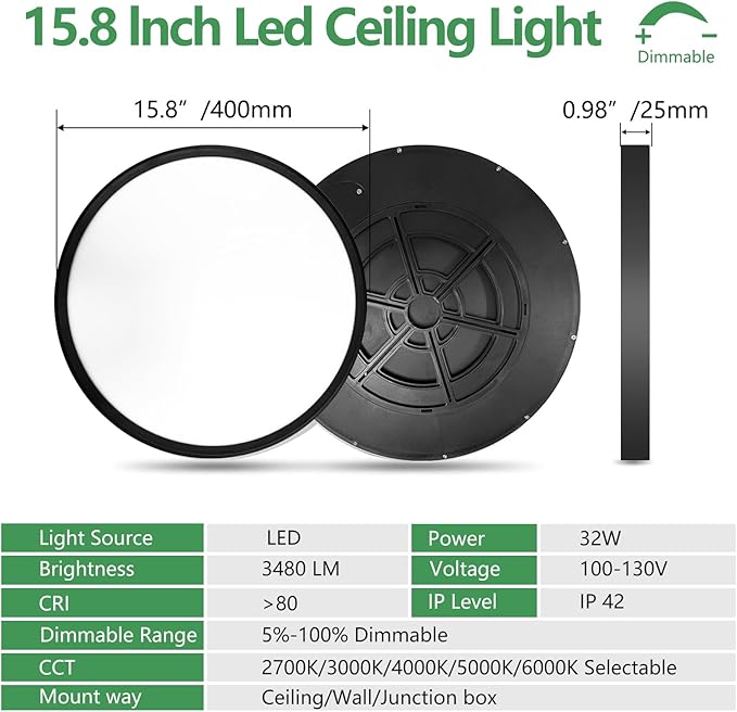 15.8 Inch Dimmable LED Flush Mount Ceiling Light, 3000K/3700K/4000K/5000K/600...