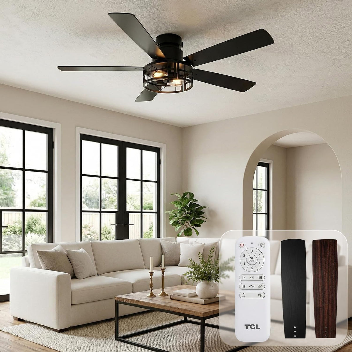 TCL 52" Black Caged Flush Mount Ceiling Fan with Light & Remote