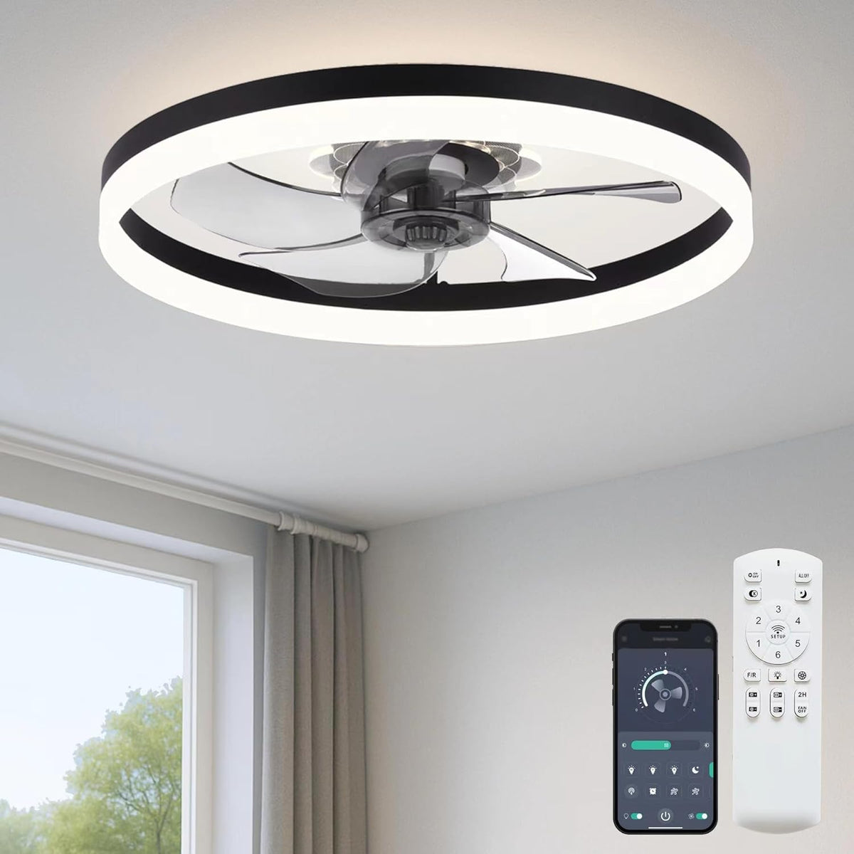 Fszdorj 20'' Low Profile Ceiling Fan with Light and Remote, Fandelier...