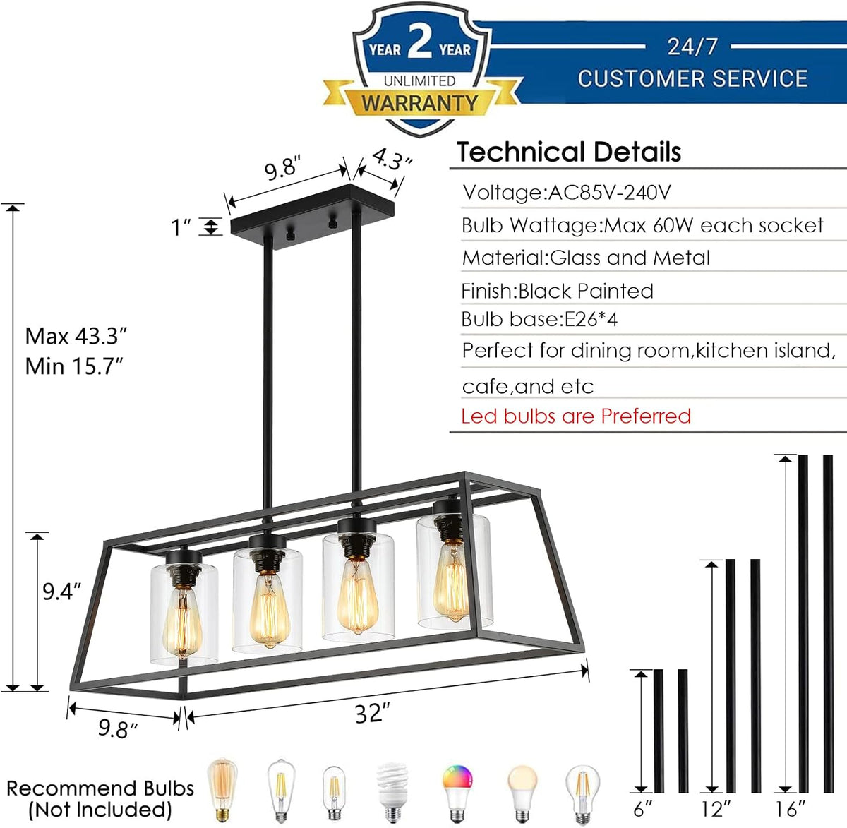 4-Light Black Farmhouse Chandelier for Dining Room Light Fixture
