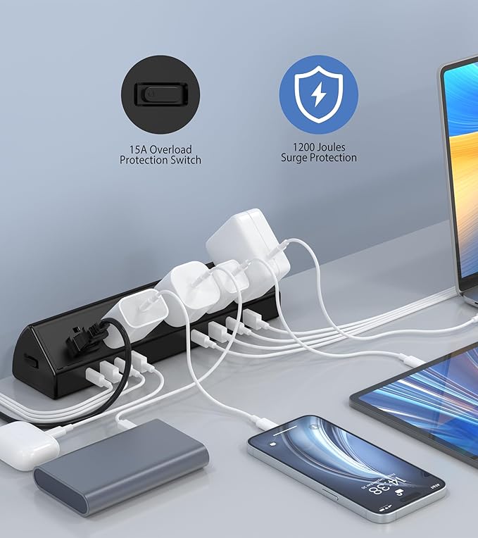45W Fast Charging Station, Desk Clamp Power Strip, 4 PD USB-C Ports, 5 AC