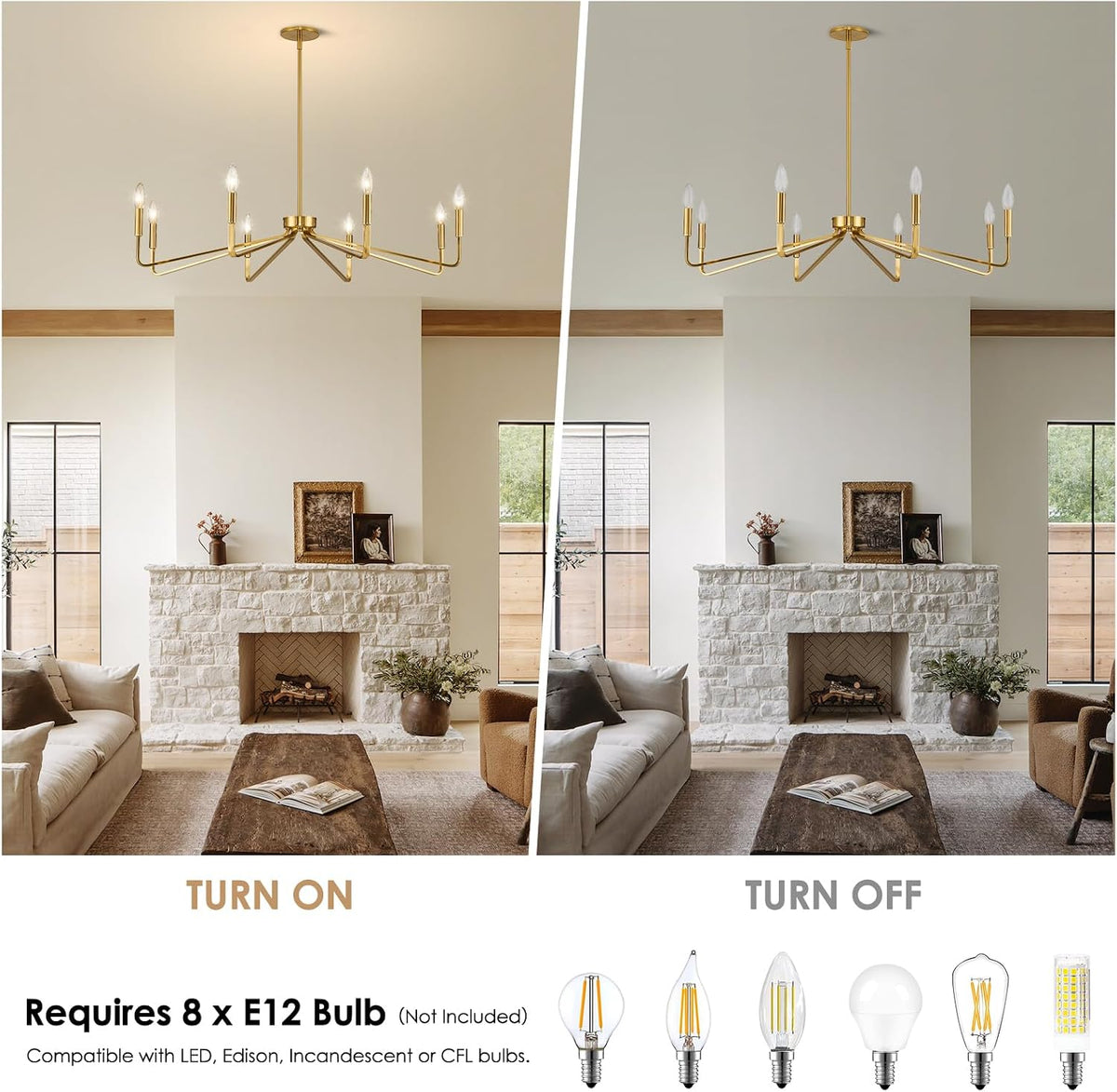 8-Light 38" Brass Modern Candle Chandelier for Dining Living Room