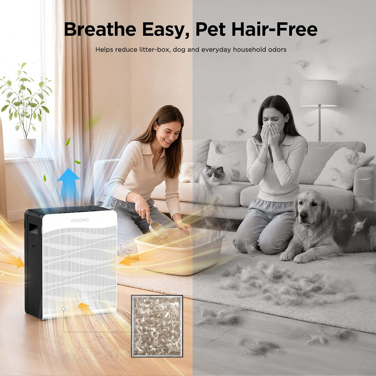 MOOKA Air Purifier for Home Pet Large Room 2800Ft² Dual Washable Pre-Filter