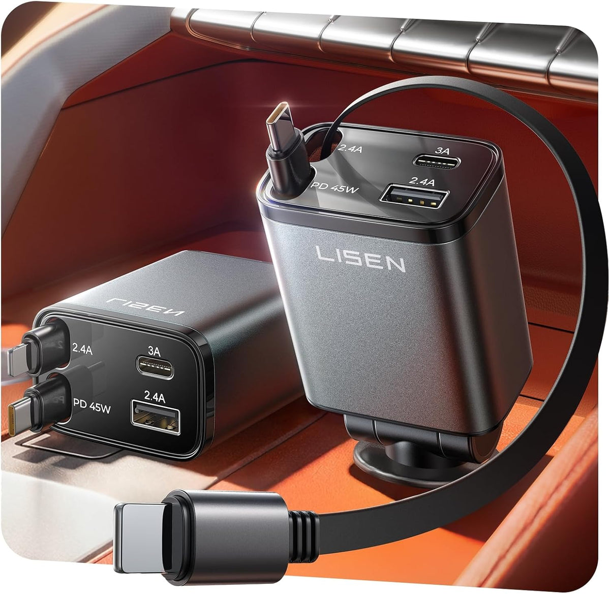 LISEN Retractable Car Charger, 84W Car Adapter USB C Fast Charger, 2 Pack