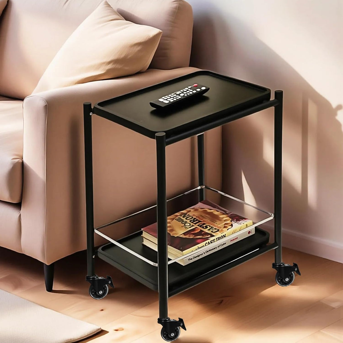 Acacia Wood Rolling Side Table, 2-Tier with Lockable Wheels & Removable T...