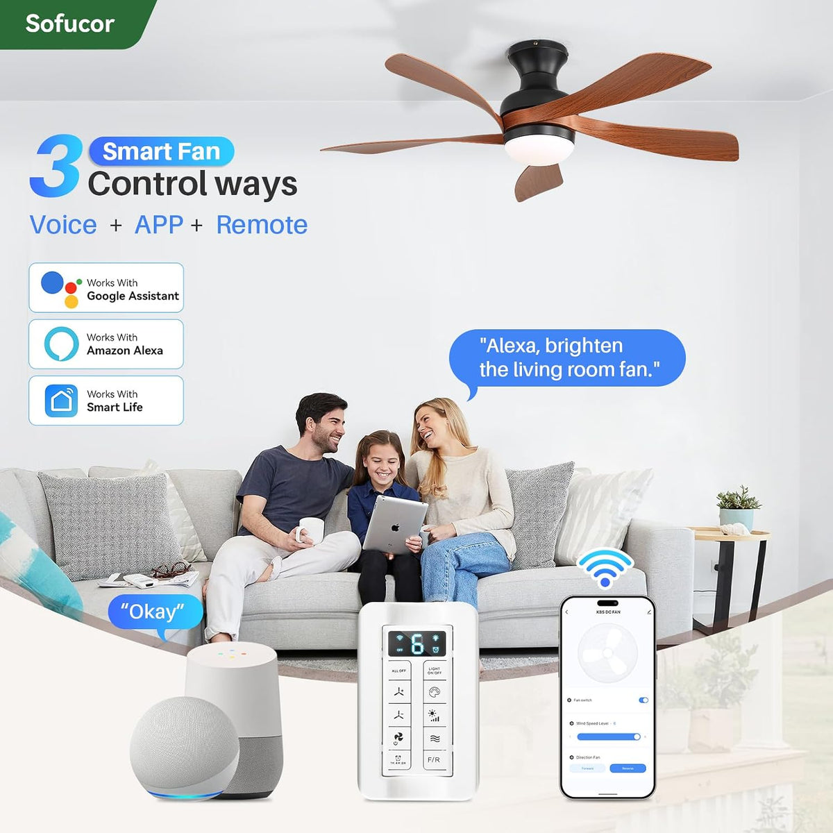 Sofucor 52 Inch Smart Ceiling Fans with Lights and Remote, APP Control