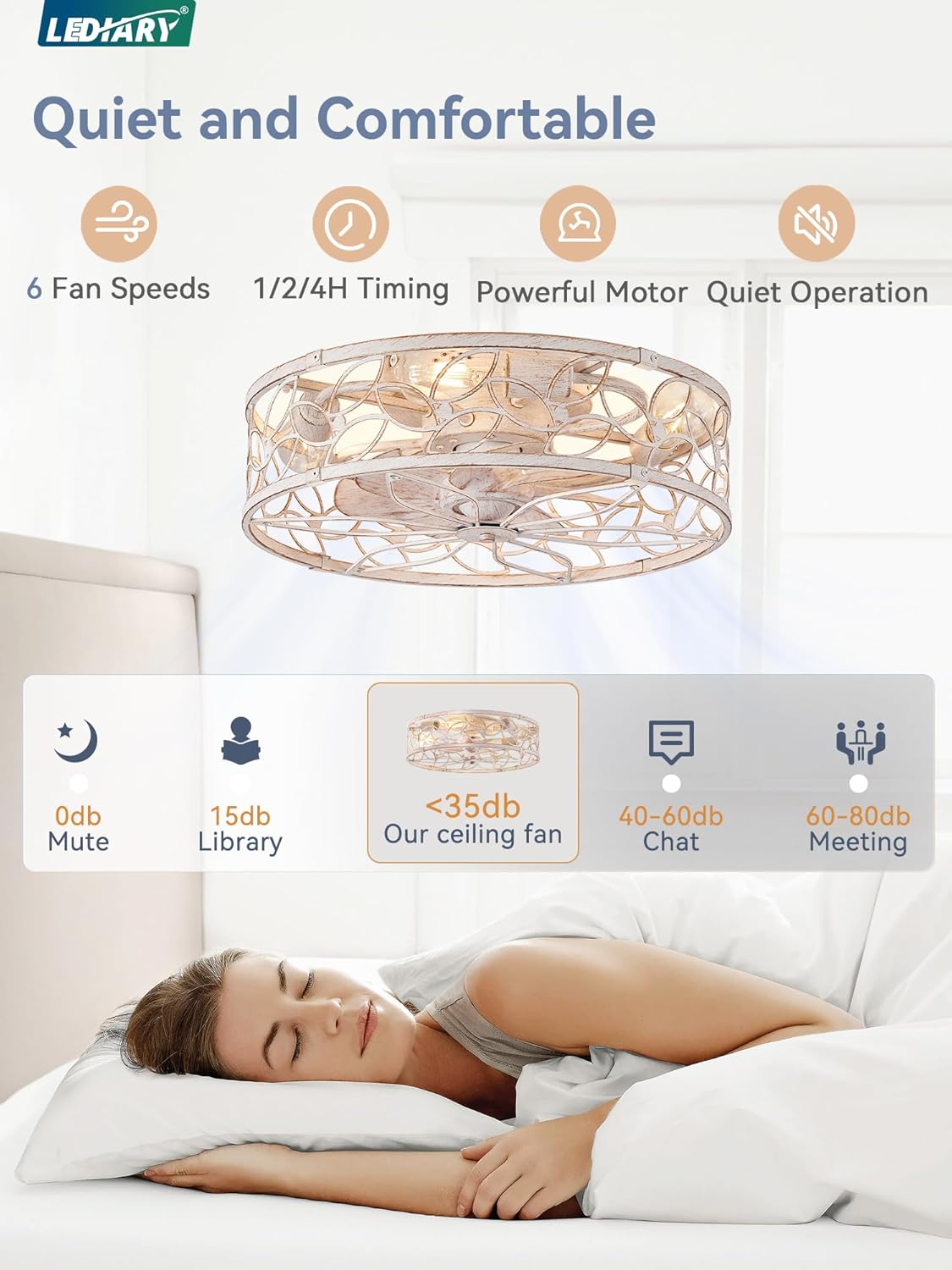 LEDIARY Caged Ceiling Fan with Light, Flush Mount Fandalier with Remote