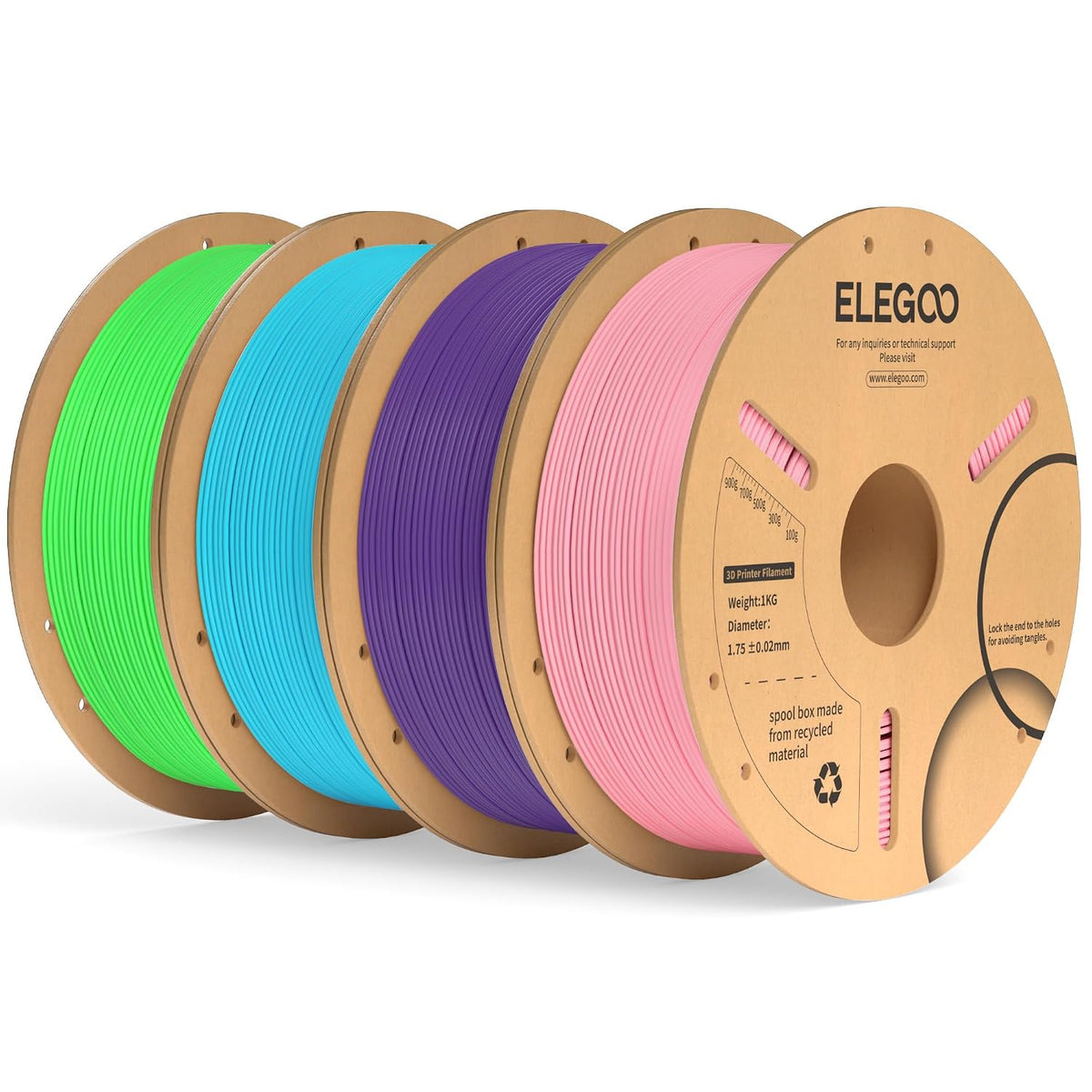 ELEGOO PLA Plus 3D Printer Filament 4KG Pink/Purple/Sky Blue/Neon Green