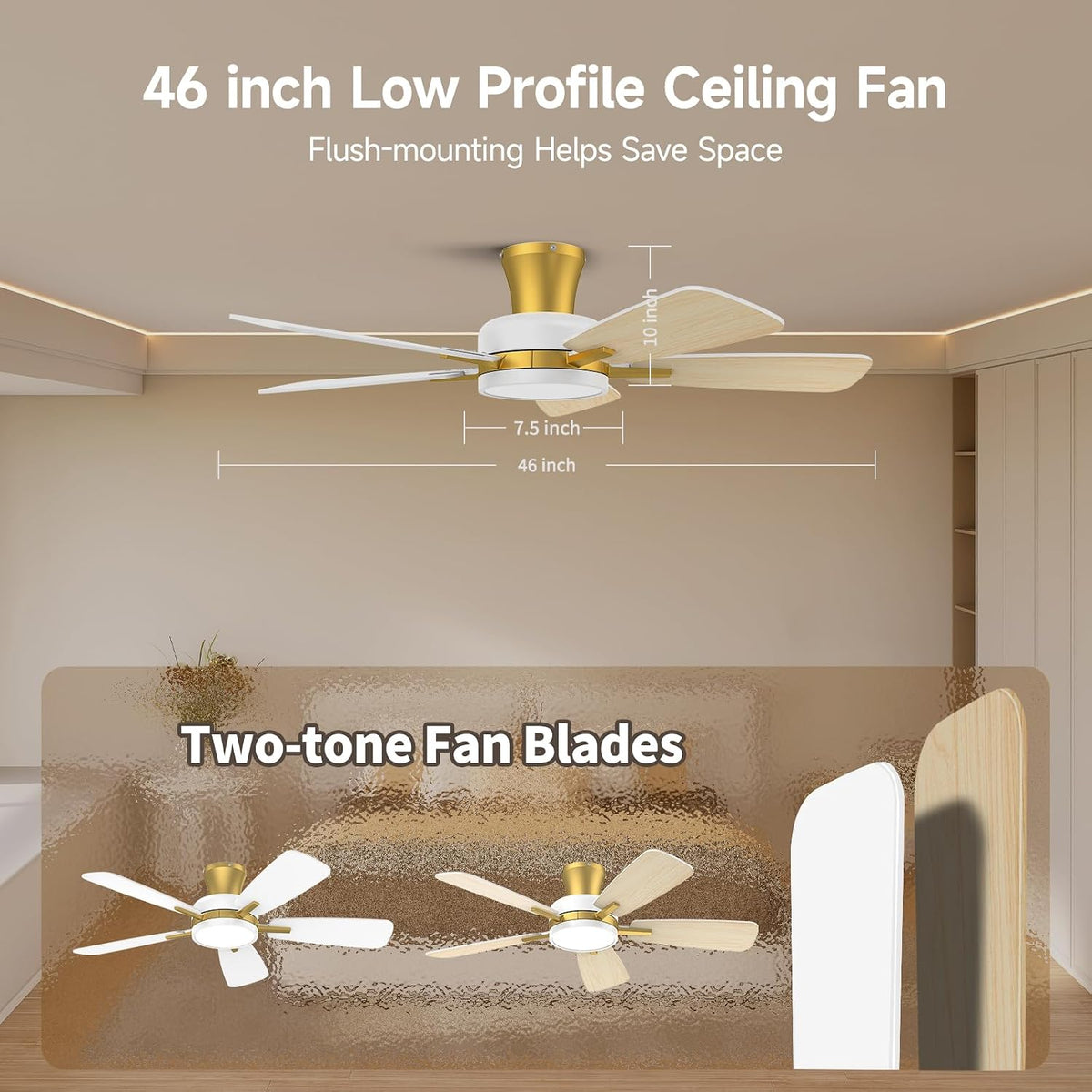 TALOYA 46 inch Ceiling Fans with Lights and Remote, Night Light, White Gold