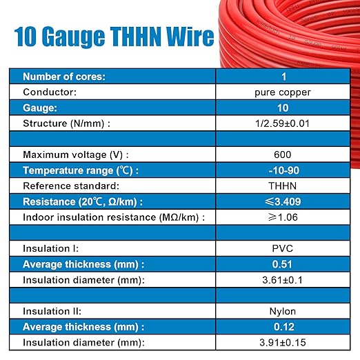 THHN Wire 10 Gauge 75 FT OFC Electrical Wire, 10 AWG Solid Copper Wire Rated up