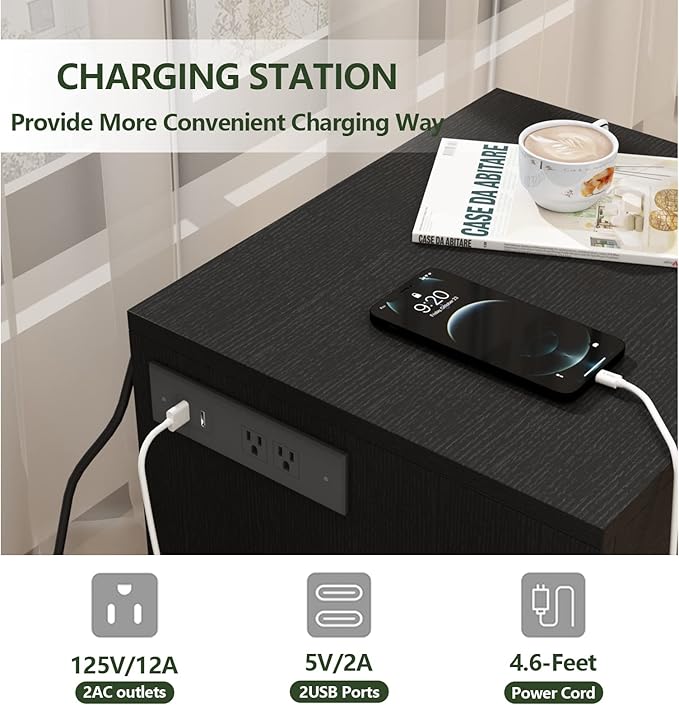 Auromie Nightstand with Charging Station and LED Lights, Concealment Furniture