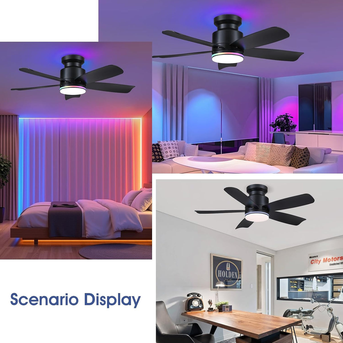 Wiviniya 41 In Flush Mount Ceiling Fans with RGB Lights Remote/APP, Black