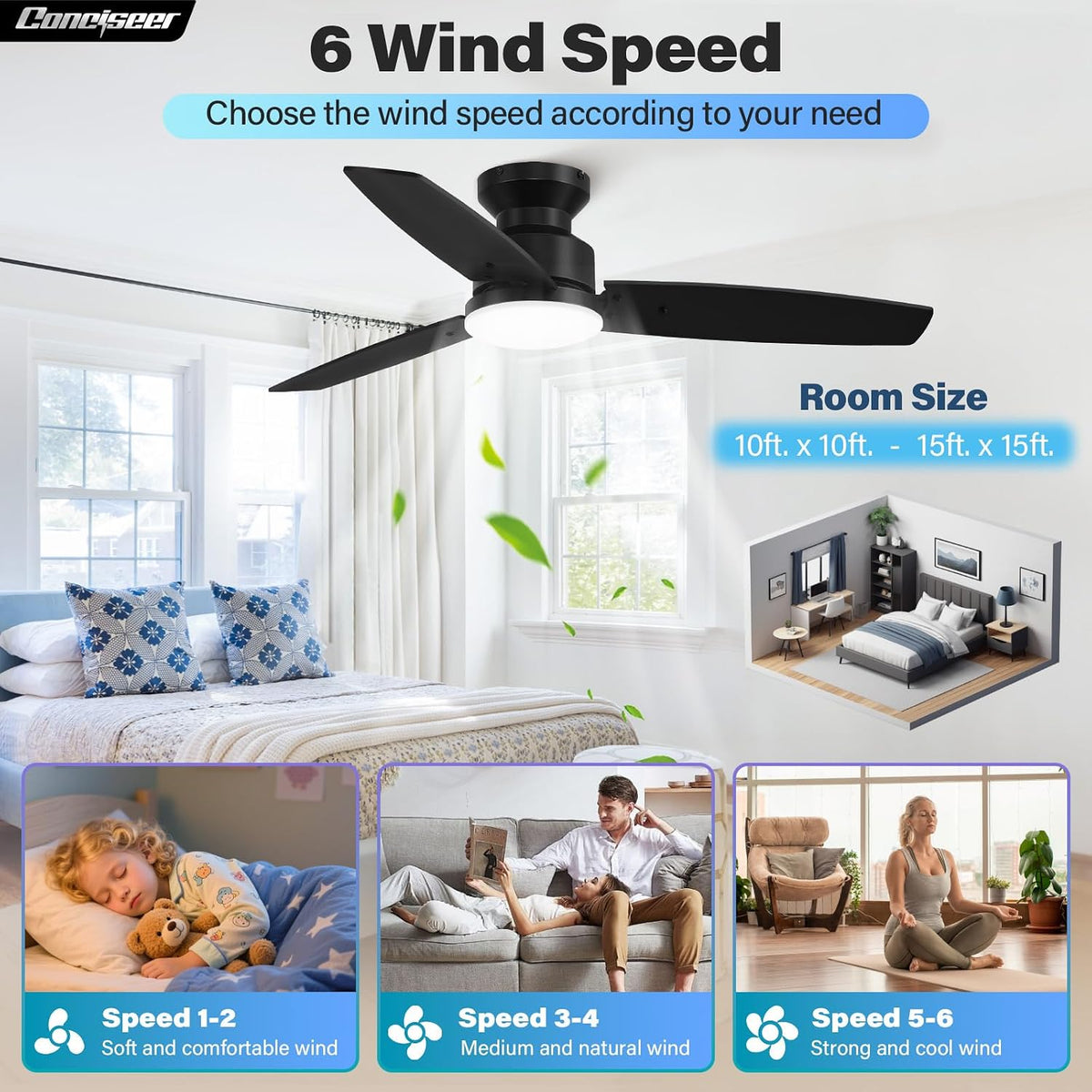 Conciseer 42 Inch Ceiling Fans with Lights and Remote, Flush Mount, Black