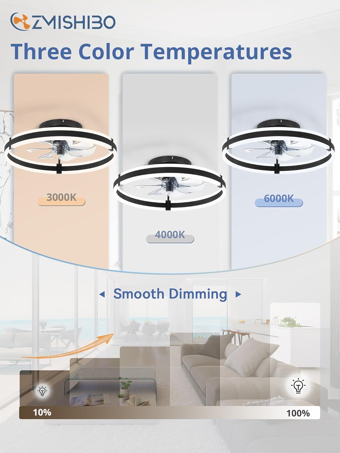ZMISHIBO Low Profile 19.7'' Ceiling Fans with Lights and Remote, Black